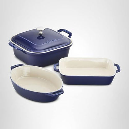 Staub Ceramic 4-pc Baking Pans Set, Casserole Dish with Lid, Brownie Pan, Dark Blue