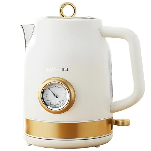 QUAXWELL Retro Electric Tea Kettle, 1.7L, Matte White and Gold