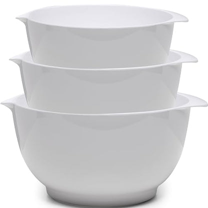 ZAROCRUS Nesting Mixing Bowls Set, 3 Piece Melamine Bowls Set, 2.5 quart, 3.5 quart, 4.5 quart, Non Slip Base with Easy Pour Spout, Kitchen Cooking and Baking Supplies, White