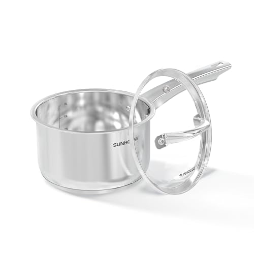 Sunhouse 2 QT Stainless Steel Sauce Pan with Lid, Small Pot for Cooking, PFOA-Free, Advanced Impact Bonding Induction Base Mini Saucepan, Compatible with Induction, Ceramic, Gas