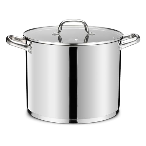 14 QT Stainless Steel Large Stock Pot, LIANYU Heavy Stockpot with Glass Lid, Deep Soup Canning Pot for Stewing Simmering, Tri-ply Base for Induction, Halogen Cooktops, Dishwasher Safe