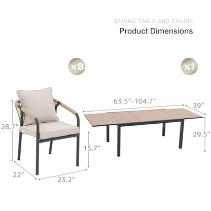 SUNSITT 9 Piece Outdoor Patio Dining Set w/63-105" Expandable Table