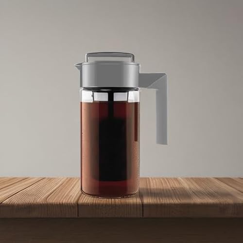 Takeya Deluxe Cold Brew Coffee Maker - BPA-Free Tritan Pitcher with Airtight Leakproof Lid, Silicone Grip Handle, Fine-Mesh Filter - Shatter-Proof, Dishwasher Safe, Made in USA - 1 Quart/Stone