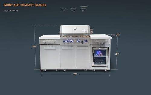 Mont Alpi Premium 70"W x 24"D Stainless Steel Compact Outdoor Kitchen Island with Refrigerator + 32"W 4-Burner BBQ Grill with Infrared Rotisserie Burner + Storage Cabinets + White Granite Countertops