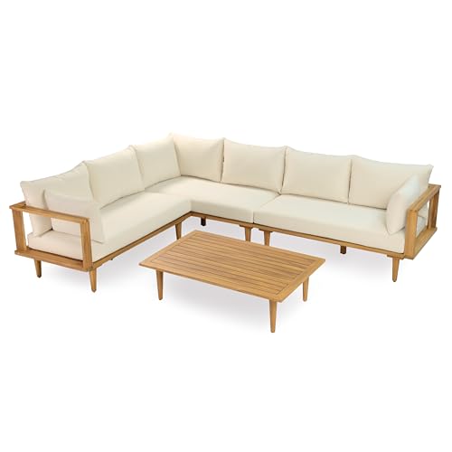 Christopher Knight Home Flynn Acacia Wood Patio Furniture Set, 6-Seater L-Shaped Sectional Sofa Set and Small Coffee Table, Outdoor Conversation Set for Backyard Poolside Balcony, Natural+Beige