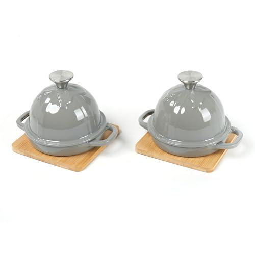 HAWOK Enameled Cast Iron Garlic Roaster with Bamboo Tray, 5-Inch, BBQ Grill Garlic Baker, Mini Cocotte, Set of 2, Grey