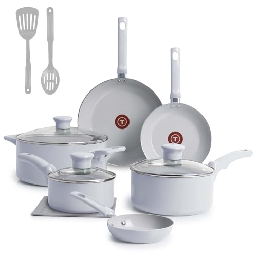 T-Fal Refresh Ceramic Nonstick Cookware Set, 12-Piece Nonstick Cookware, Oven Safe to 350°F, Stockpot, Griddle, Frying Pans, Utensils, Ceramic Pots and Pans Set, Blue