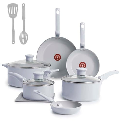 T-Fal Refresh Ceramic Nonstick Cookware Set, 12-Piece Nonstick Cookware, Oven Safe to 350°F, Stockpot, Griddle, Frying Pans, Utensils, Ceramic Pots and Pans Set, Blue