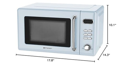 Emerson MWR7020BL Retro Compact Countertop Microwave Oven with Button Control, LED Display, 700W 5 Power Levels, 8 Auto Menus, Glass Turntable and Child Safe Lock, 0.7, Thunderbird Blue