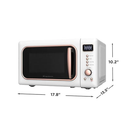 Frigidaire, 0.7 Cu. Ft. Retro Countertop Microwave Oven, 700W Compact Microwave with 8 Auto Cook Menus, Auto Defrost, 5 Power Levels, LED Display, Glass Turntable, White-RoseGold