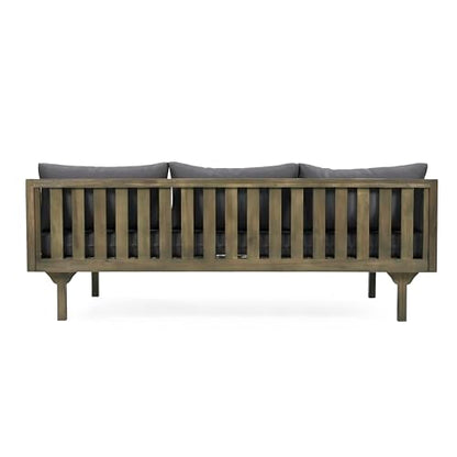Christopher Knight Home Claremont Outdoor 3 Seater Acacia Wood Daybed with Fabric Water Resistant and Removable Cushions, Patio Garden Sofa with Slat Paneling Armrest and Back, Grey and Dark Grey