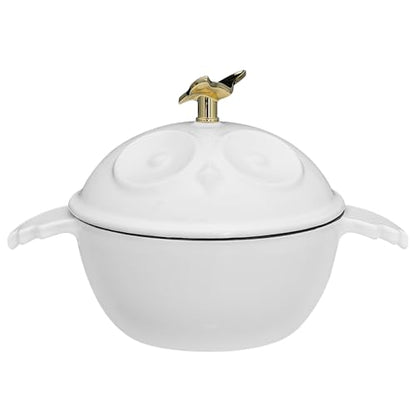 Flavehc Mini Cocotte 16 oz Owl Shaped Mini Dutch Oven 0.5 qt Cast Iron Garlic Roaster for Oven Garlic Confit Pot Ramekins with Lids Oven Safe, White