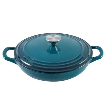 Flavehc Braiser Enameled Cast Iron Braiser 3 qt Braiser Pan with Lid DarkCyan Shallow Cast Iron Casserole Braiser Pan with Handels
