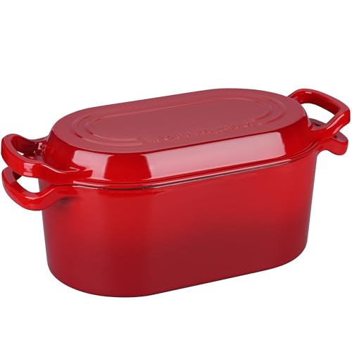 VORRINGARD Oval Dutch Oven Pot with Lid, Enamel Coating Cast Iron Bread Pans for Homemade Sourdough Bread Baking, Cooking, 4 Quart, Red