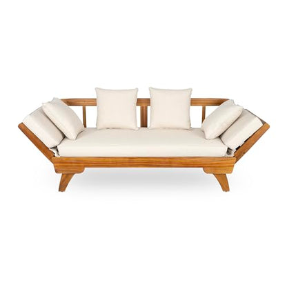 Christopher Knight Home Gary Patio Convertible Couch, Wooden Outdoor Daybed, 3-Seater Acacia Wood Patio Furniture Lounge Sofa for Backyard/Poolside/Garden, Back Pillow+Removable Cushion, Teak+ Beige
