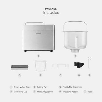 CUCKOO Bread Maker Machine with 15 Menu Options + 3 Crust Colors, 2 lbs Bread Machine with Automatic Fruit & Nut Dispenser, Includes 6 Accessories, Ideal Breadmaker for Sourdough (CBM-AAB101S)