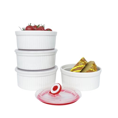 Ramekins 16 oz Oven Safe, Creme Brulee Ramekins with Lids, White Ceramic Souffle Dishes Ramekin, Mini Baking Bowls with Cover Set of 4, Ramekin Assorted Sizes - Dishwasher and Oven Safe
