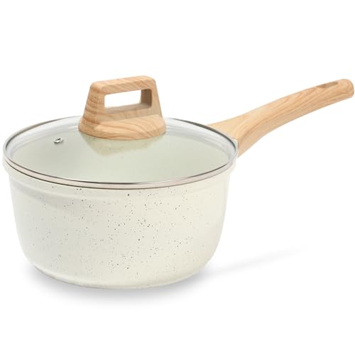 ESLITE LIFE Nonstick Sauce Pan with Lid, 1.5 QT Small Soup Pot Compatible with All Stovetops (Gas, Electric & Induction), PFOA Free, White