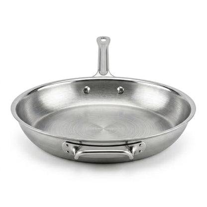 16" Stainless Steel Frying Pan, Tri-Ply Steel With Aluminum-Clad Bottom, Helper Handle, Induction Gas And Electric Compatible, Skillet Saute Pan For Omelette Pancake Egg