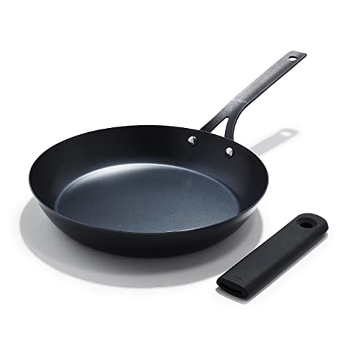 OXO Obsidian 10" Carbon Steel Frying Pan, Pre-Seasoned Skillet, Builds Natural Nonstick with Use, Induction Ready, Oven Safe, Removable Silicone Handle