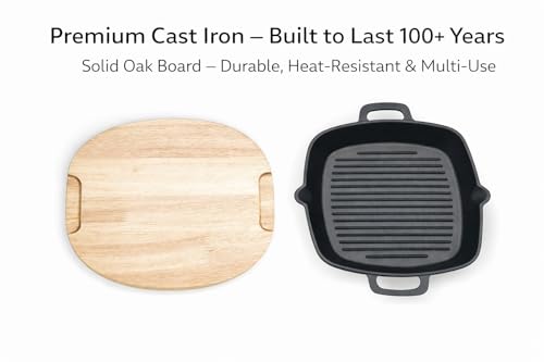KitchenLife Co 8.5" Personal Sized Pre-Seasoned Cast Iron Grill Pan with Heat-Resistant Oak Wood Base, Square Stovetop Pan with Dual Handles & Pour Spouts, Oven & BBQ Ready, Lasts Decades