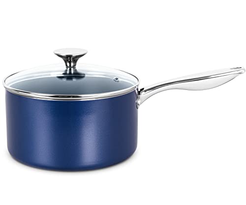 MICHELANGELO 3 Quart Saucepan with Lid, Nonstick Ceramic Sauce Pan with Stainless Steel Handle, 3 Qt Saucepan with Lid Induction Compatible, Oven Safe, Blue