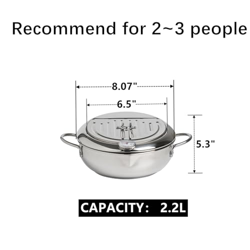 Yopay 304 Stainless Steel Deep Fryer Pot, Frying Chicken Pot, Tempura deep Fryer with a Thermometer and a lid, Japanese Style Tempura Fryer Pan,2.2L