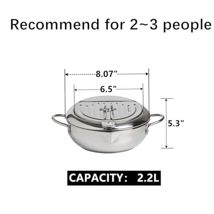 Yopay 304 Stainless Steel Deep Fryer Pot, Frying Chicken Pot, Tempura deep Fryer with a Thermometer and a lid, Japanese Style Tempura Fryer Pan,2.2L