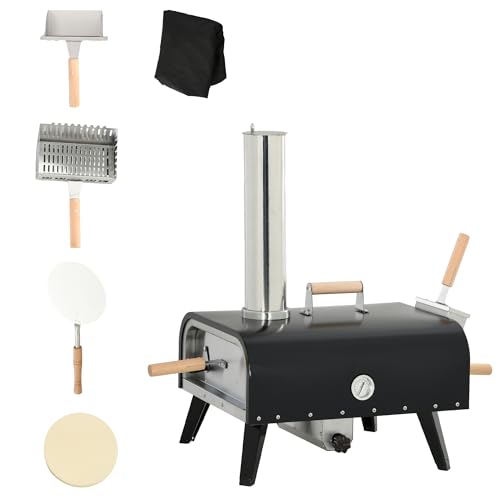 Outsunny Wood Fired Pizza Oven with 12" Rotating Stone, Peel and Waterproof Cover, Portable Pizza Maker with Foldable Legs, Stainless Steel Pizza Grill for Outside, Backyard and Outdoor Kitchen