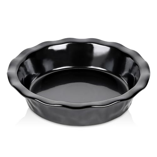 vicrays Ceramic Pie Pan for Baking - 9 inch Pie Plate, Round, Fluted and Deep Pie Dish for Tart, Pizza, Apple Pie, Quiche, Pot Pies, Cake - Reactive Glaze (Black)