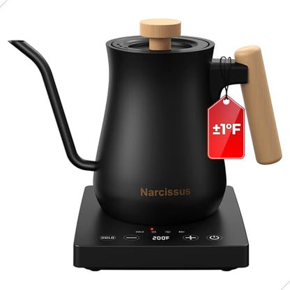 Narcissus P901 Gooseneck Electric Kettle with ±1℉ Temperature Control Function, 1200 Watt Rapid Boiling in 5 Mins, Max 6 Hours Keeping Warm, 304 Stainless Steel Interior, BPA Free, Black