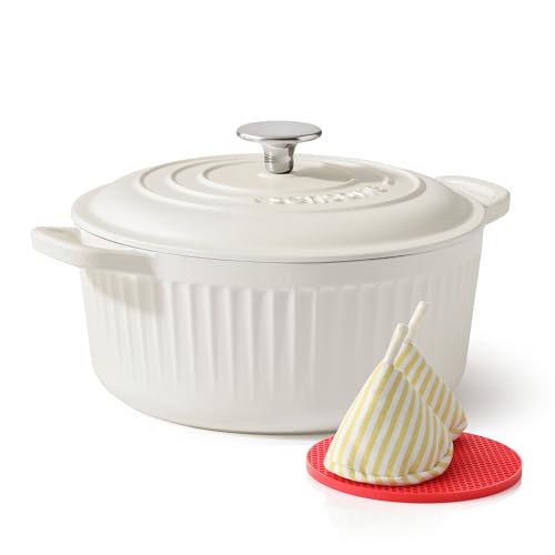 SENSARTE Enameled Cast Iron Dutch Oven Pot with Lid 3.5/5.5/6.5 Quart Heavy-Duty Round Dual Handles Kitchen Pot with Cotton Potholders & Silicone Trivet, Pot for Bread Baking, Stews, Braising, Roasting, Oven Safe, 3.5Quart, White