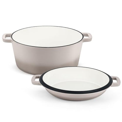 TeamFar 5 Quart Dutch Oven, 2 In 1 Enameled Cast Iron Dutch Oven Pot Cookware with Skillet Lid, for Bread Baking Braising Stewing Roasting, Sturdy & Nonstick, Oven Safe & Fit for Induction (Khaki)