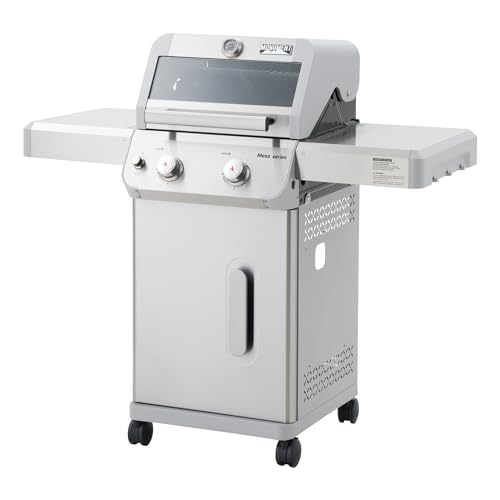 Monument Grills 2-Burner Stainless Steel Liquid Propane Gas Grill, Two Foldable Shelves Patio Garden Barbecue Grill with Clearview® Lid, Knob Control Mesa200S