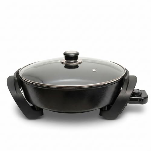 Moss & Stone Round Electric Skillet with Lid – 12x12 Inch Aluminum Nonstick Electric Frying Pan 5Qt, Adjustable Temperature Control, Vented Glass Lid, Dishwasher Safe, Heat-Resistant Handles