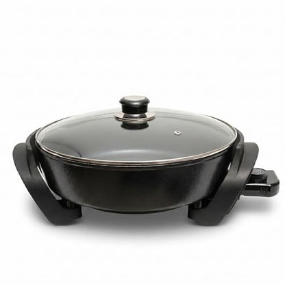 Moss & Stone Round Electric Skillet with Lid – 12x12 Inch Aluminum Nonstick Electric Frying Pan 5Qt, Adjustable Temperature Control, Vented Glass Lid, Dishwasher Safe, Heat-Resistant Handles