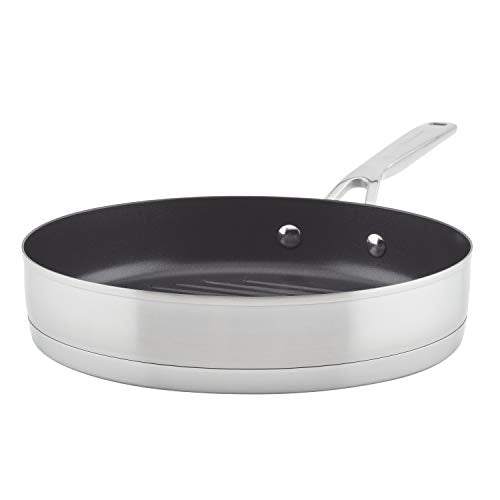 KitchenAid 71012 3-Ply Base Brushed Stainless Steel Nonstick Round Grill Pan/Griddle, 10.25 Inch