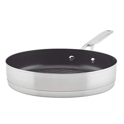 KitchenAid 71012 3-Ply Base Brushed Stainless Steel Nonstick Round Grill Pan/Griddle, 10.25 Inch
