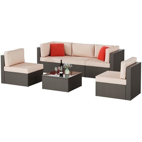 6 Pieces Patio Furniture Set Outdoor Couch Wicker Sectional Sofa, Beige