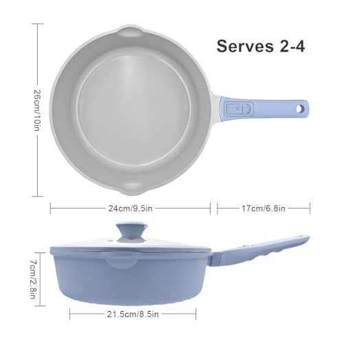 AIKENBBKK 10 Inch Non Stick Ceramic Frying Pans with Lid, 4 QT Nonstick Deep Frying Pan Skillet, Saute Pan with Detachable Handle, Compatible with All Stoves, Oven Safe, PTFE & PFAS-Free, Blue