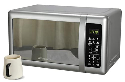 Emerson MW7601SL Countertop Microwave Oven with Sleek Mirrored Finish Glass Door, 700W, 10 Power Levels and 6 Pre-Programmed Settings with Child Safe Lock, 0.7. Cu. Ft., Silver