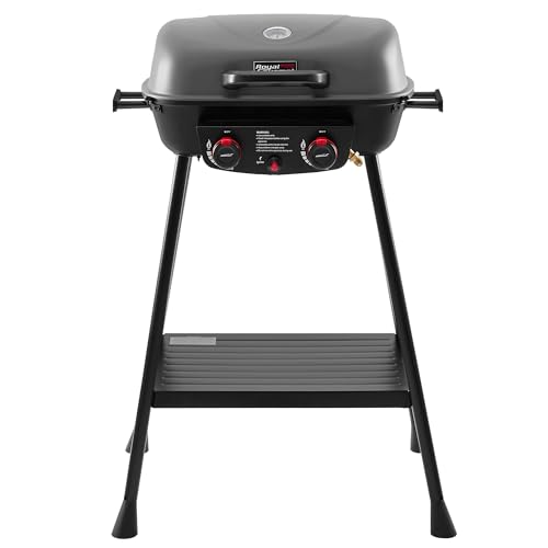 Royal Gourmet GT2003 Portable 2 Burner Propane Gas Grill with Stand and Warming Rack, 2-in-1 Grill Griddle Combo with 17,000 BTUs Output forCamping, Tailgating, Backyard, Gray
