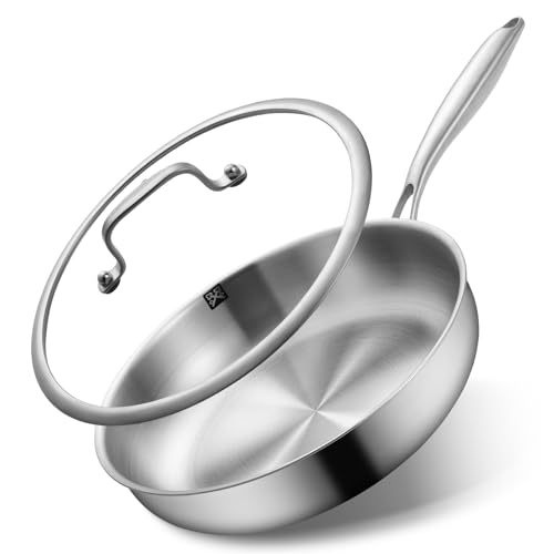 GOLDEN KEY 10 inch Tri-Ply 304 Stainless Steel Pan with Lid, Even Heating Non-toxic Skillet, Oven & Dishwasher Safe, Induction Ready, Ideal for Searing Meat & Fish, Sauteing, Frying (500°F)