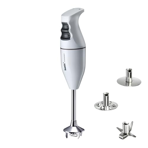 bamix® Classic Immersion Blender 150W – Swiss Made 2-Speed Hand Blender with 3 Blades (Multipurpose Blade, Beater & Whisk) for Soups, Smoothies, Purees & More – White