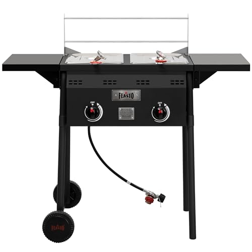 Feasto Outdoor Propane Deep Fryer with Rolling Cart, Dual Tank Fish Fryer with 2 Independent Burners, 100,000 BTU, 4-Gal Oil Capacity, Frying Station with Baskets for Fish, Fries & Chicken
