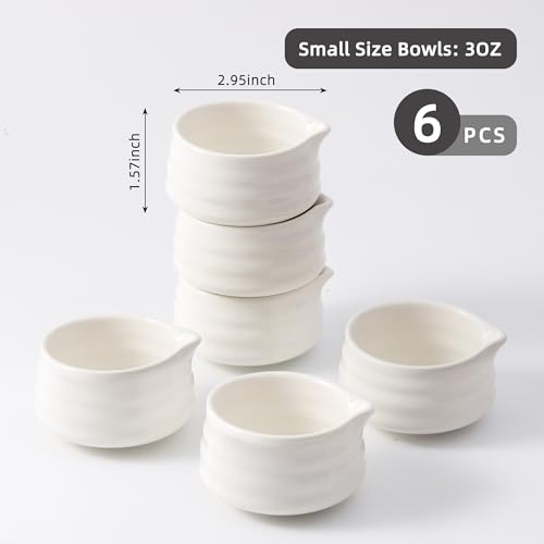 YumiPLUS 6pcs Ceramic Dipping Bowl with Spout, 3OZ Porcelain Mini Ramekins, Small Condiment Dish, Cute Pinch Bowl Set, Sauce Dish for Sushi/Ketchup/BBQ,Oven Safe