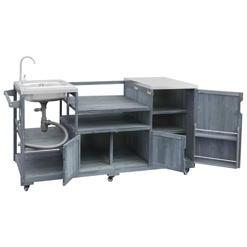 Oevsld 75.4" Outdoor Kitchen Island with Sink,Solid Wood Grill Cart for XL Big Green Egg,Rolling Outdoor Prep Station with Stainless Steel Top and Storage Cabinet. (Grey+Blue)