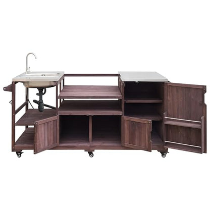 LUMISOL Outdoor Grill Table for Big Green Egg Grills, 75.4" Outdoor Kitchen Island with Sink, Solid Wood Rolling Kitchen Cart with Stainless Steel Top and Internal Storage Rack, Brown