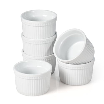 WishDeco Ramekins Set of 6, Creme Brulee Ramekins 7 oz, White Dipping Sauce Dishes, Porcelain Ramekin Bowls for Baking, Souffle, Custard Pudding, Cake, Oven Safe