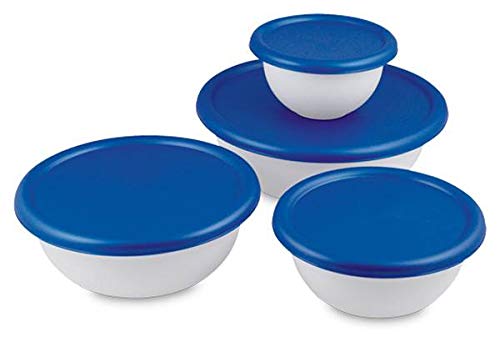 Sterilite 07479406 8 Piece Covered Bowl Set, White & Blue